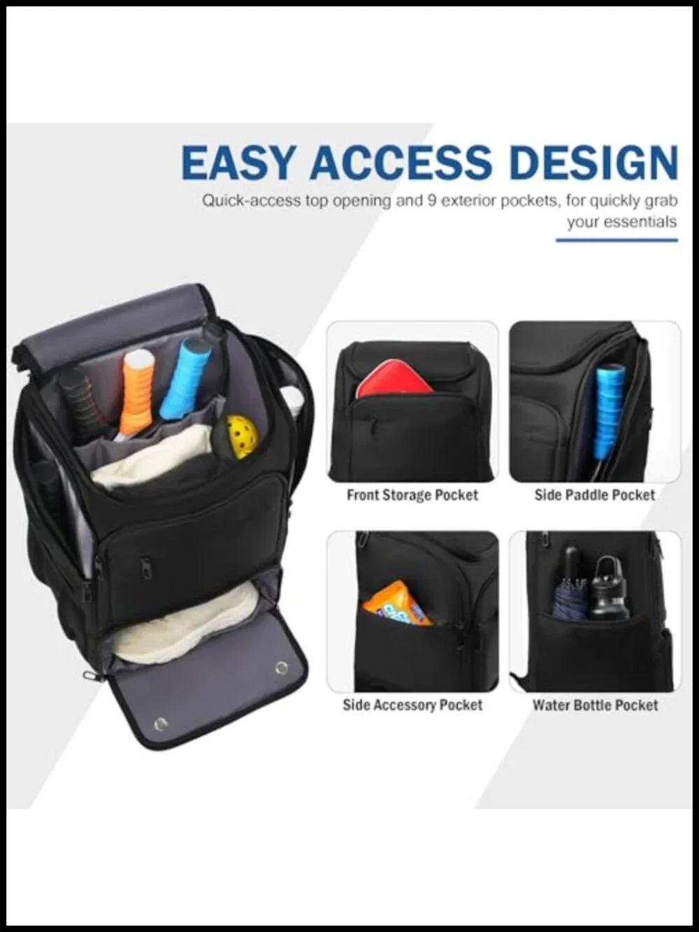 Large Pickleball Backpack Fits 5+ Paddles with Shoe Pocket